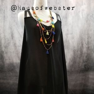 Black chiffon tank top with faux leather straps